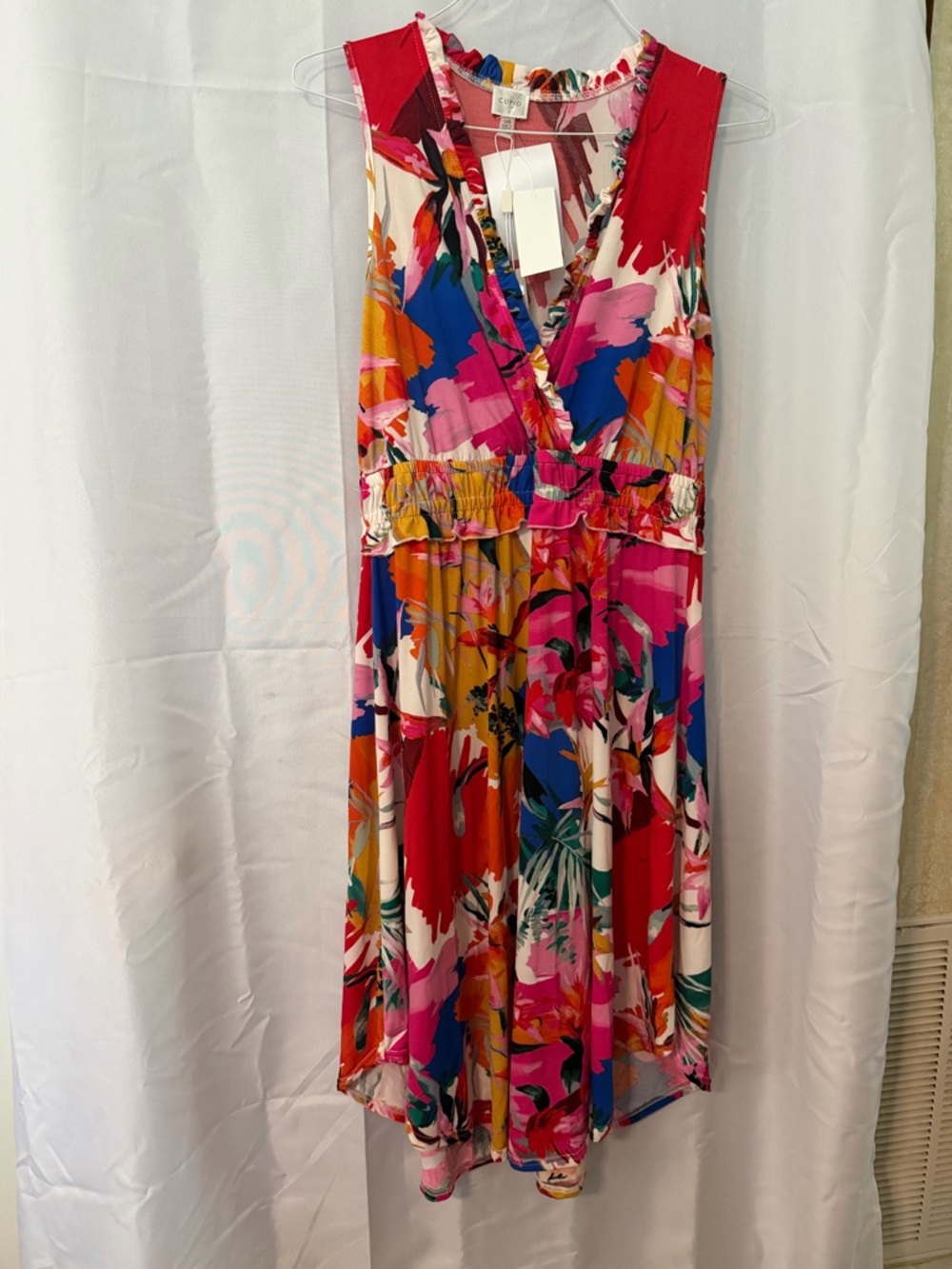 Cupio Red Pink Blue Floral V-Neck Midi Dress